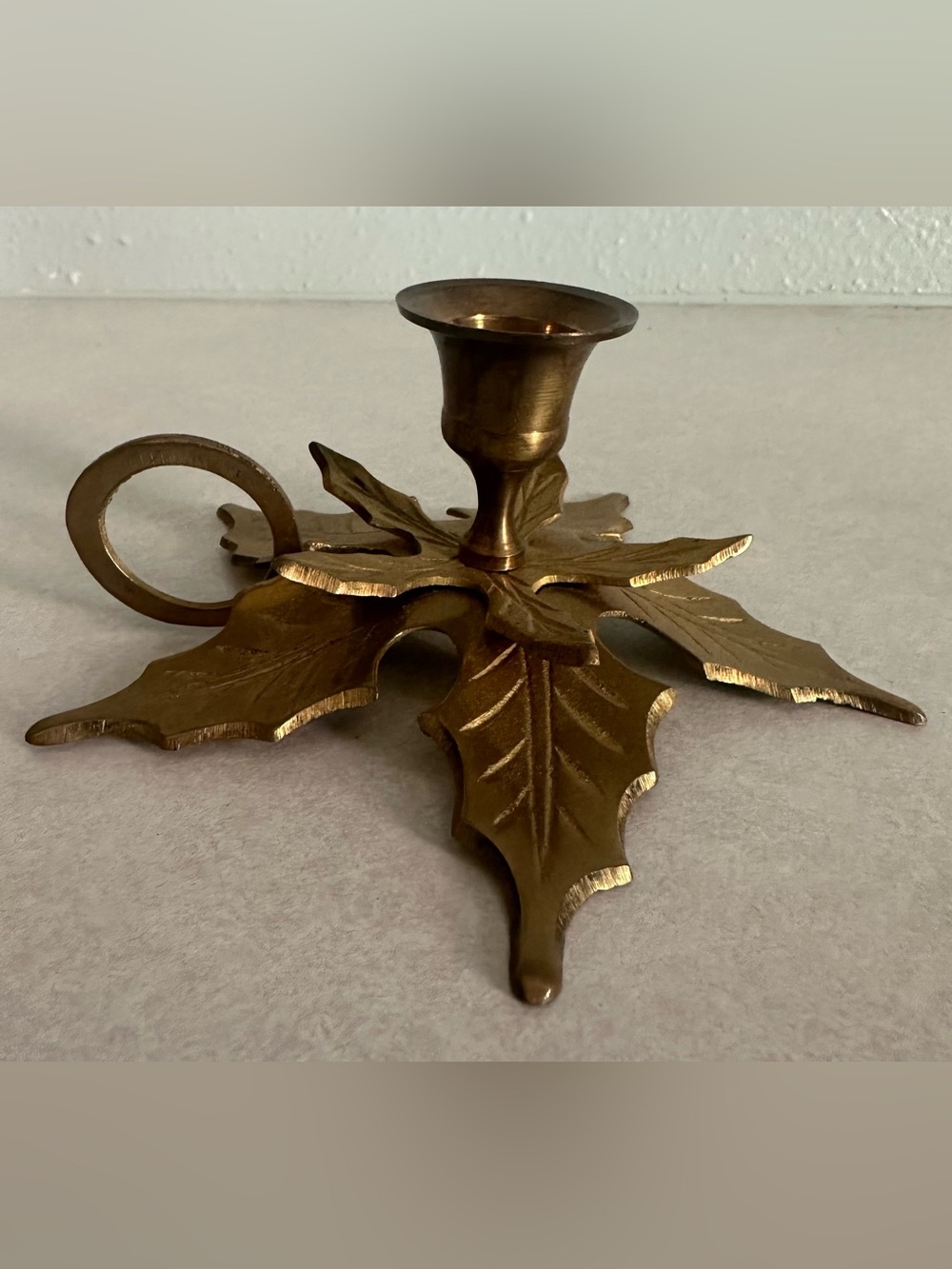 Vintage Holly Leaf Solid Brass Candlestick Holder with Finger Loop Made in India